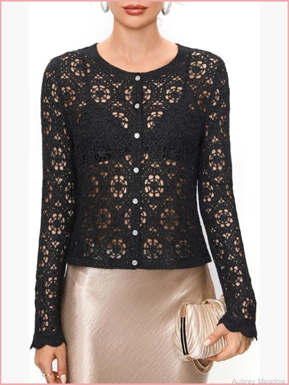Crochet Cardigan with Gold Thread, Vintage Openwork Knit Sweater